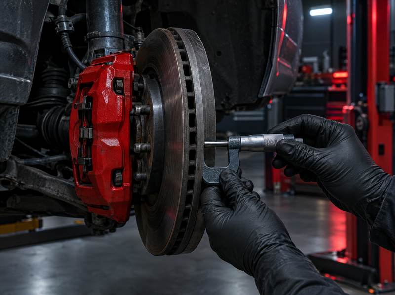 Brake rotor thickness being measured with a micrometer beside a red brake caliper