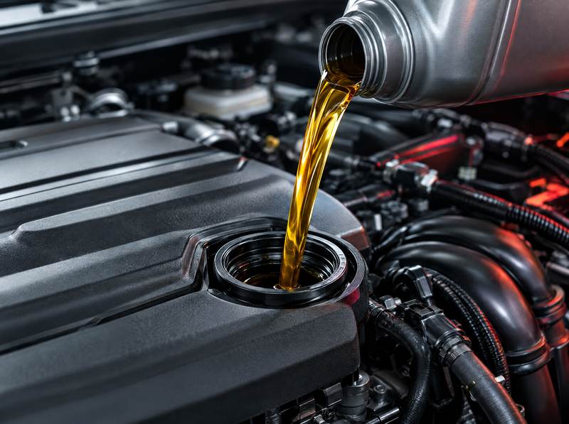 Fresh engine oil being poured into the oil filler of a petrol engine