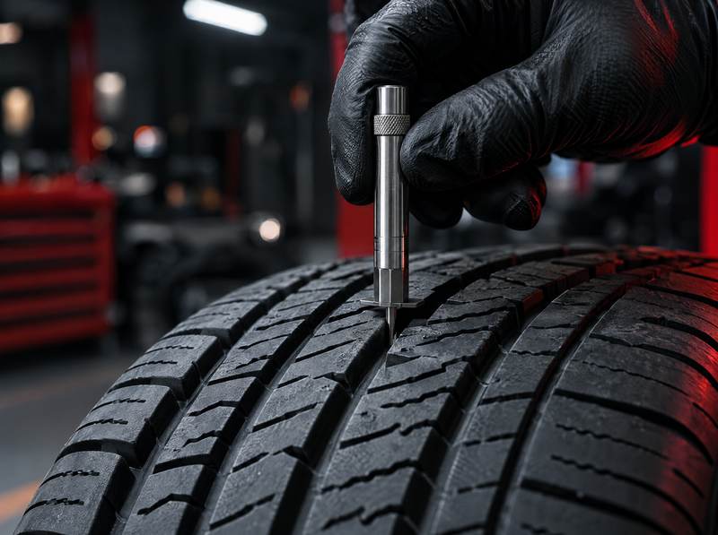 Tread depth gauge pressed into the grooves of a car tyre during a safety inspection